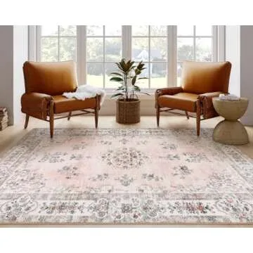 Lahome Washable Living Room Rug 8x10 Area Rugs for Bedroom Girls, Soft Pink Floral Carpet for Nursery Room Non Slip, Boho Large Mats for Indoor Floor Home Office Decor
