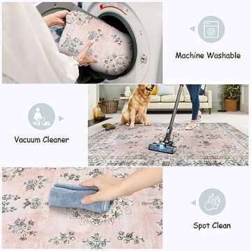 Lahome Washable Living Room Rug 8x10 Area Rugs for Bedroom Girls, Soft Pink Floral Carpet for Nursery Room Non Slip, Boho Large Mats for Indoor Floor Home Office Decor
