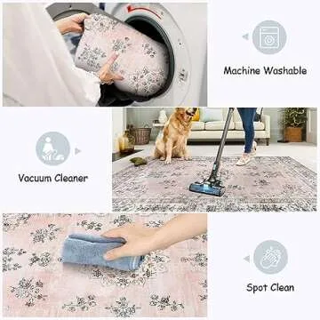 Lahome Washable Living Room Rug 8x10 Area Rugs for Bedroom Girls, Soft Pink Floral Carpet for Nursery Room Non Slip, Boho Large Mats for Indoor Floor Home Office Decor