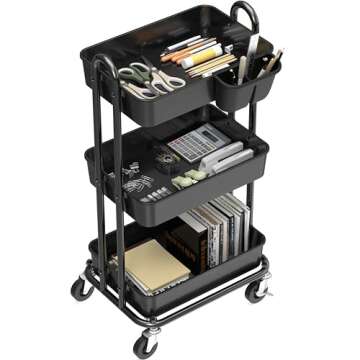 Simple Houseware 3-Tier Multifunctional Rolling Utility Cart with Hanging Bucket, Black