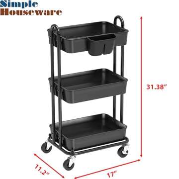 Simple Houseware 3-Tier Multifunctional Rolling Utility Cart with Hanging Bucket, Black