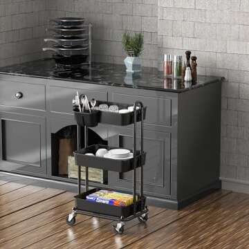 Simple Houseware 3-Tier Multifunctional Rolling Utility Cart with Hanging Bucket, Black