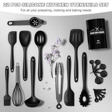 Silicone Kitchen Utensils Set, Umite Chef 22Pcs Cooking Utensils Spatula Set, Heat Resistant Non-Stick Silicone, Dishwasher Safe Cooking Gadgets Tools Set(Black)