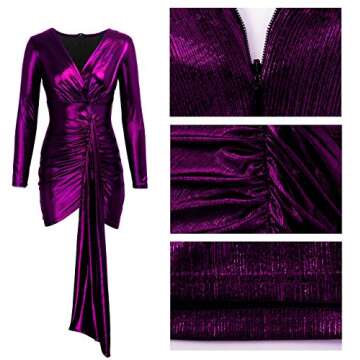 BestGirl Women's Sexy Dress Deep V Neck Long Sleeve Ruched Sparkly Bodycon Club Mini Dresses (XX-Large, 1 Purple)