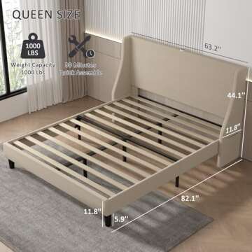 VECELO Queen Bed Frame with Upholstered Wingback Headboard, Heavy-Duty Platform Bedframe with Charging Station & Side Pockets, No Box Spring Needed, Light Beige