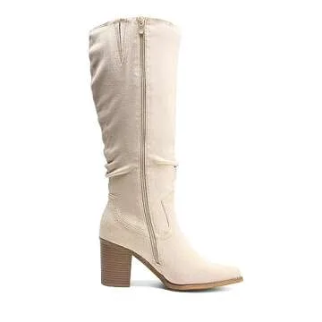 DREAM PAIRS Women's Knee-High Boots, Comfortable Chunky Block Heel Pointed Toe Pull On Side Zipper Suede Slouch Riding Boots,Size 10,Beige,SDKB2308W