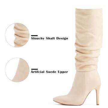 katliu Women Suede Knee High Boots Pointed Toe Stiletto Boot Slouchy Zipper High Heel Boots Size 5.5