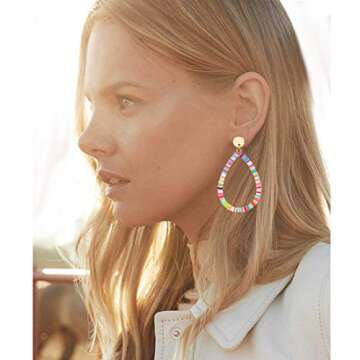 XOCARTIGE Heishi Bead Drop Earrings Colorful African Vinyl Beaded Hoop Dangle Earring Studs for Women Bohemia Summer Beach Accessory (A Rainbow)