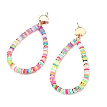 XOCARTIGE Heishi Bead Drop Earrings Colorful African Vinyl Beaded Hoop Dangle Earring Studs for Women Bohemia Summer Beach Accessory (A Rainbow)