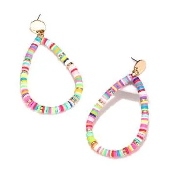 XOCARTIGE Heishi Bead Drop Earrings Colorful African Vinyl Beaded Hoop Dangle Earring Studs for Women Bohemia Summer Beach Accessory (A Rainbow)
