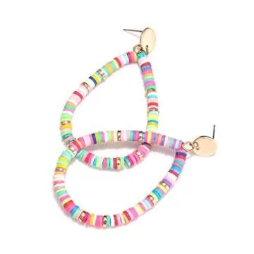 XOCARTIGE Heishi Bead Drop Earrings Colorful African Vinyl Beaded Hoop Dangle Earring Studs for Women Bohemia Summer Beach Accessory (A Rainbow)