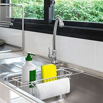 Sink Storage Rack Kitchen Sink Rack, Kitchen Sink Caddy Telescopic, Kitchen Sink Caddy Organizer, Kitchen Sink Caddy Sponge Holder Expandable(12''-19'') Brush Soap Storage Rack - Stainless Steel