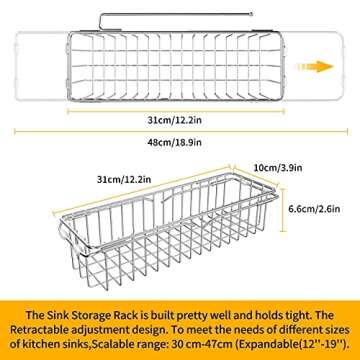 Sink Storage Rack Kitchen Sink Rack, Kitchen Sink Caddy Telescopic, Kitchen Sink Caddy Organizer, Kitchen Sink Caddy Sponge Holder Expandable(12''-19'') Brush Soap Storage Rack - Stainless Steel