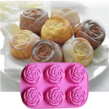 NIKKIER 6 Cavity Rose Flower Silicone Mold for Cake Chocolate Candy Cupcakes Pudding Muffins Ice Cube Soap Making 3PCS