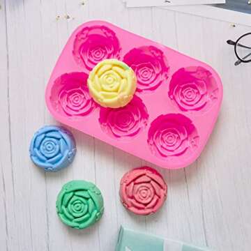 NIKKIER 6 Cavity Rose Flower Silicone Mold for Cake Chocolate Candy Cupcakes Pudding Muffins Ice Cube Soap Making 3PCS