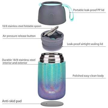 MAXSO 2 Pack Soup Thermo for Hot & Cold Food for Kids Adults, Vacuum Insulated Food Jar Thermal Lunch Containers, Travel Food Flask with Spoon (24 oz,17 oz) (Glitter Rainbow)