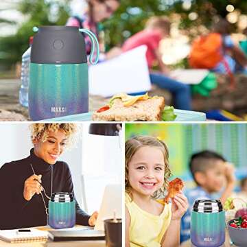 MAXSO 2 Pack Soup Thermo for Hot & Cold Food for Kids Adults, Vacuum Insulated Food Jar Thermal Lunch Containers, Travel Food Flask with Spoon (24 oz,17 oz) (Glitter Rainbow)