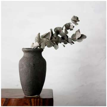 roro 7-Inch Handmade Textured Black Ceramic Prunus Vase - Artisan Handcrafted for Home & Office Decor, Ideal Housewarming Gift, Modern Rustic Farmhouse Minimalist