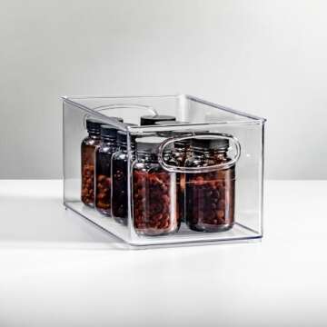 mDesign Plastic Storage Organizer Wide Container Bin with Handles for Bathroom, Home Organization - Holds Vitamins, Supplements, Makeup, Styling Tools - Ligne Collection - 4 Pack - Clear