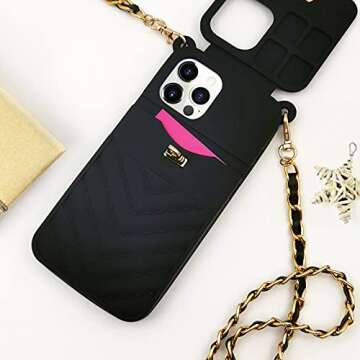 LUVI for Crossbody iPhone 13 Pro Max Wallet Case with Neck Strap Lanyard Credit Card Holder Purse Handbag Case for Women Girls Silicone Rubber Soft Protection Cover for iPhone 13 Pro Max Black