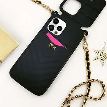 LUVI for Crossbody iPhone 13 Pro Max Wallet Case with Neck Strap Lanyard Credit Card Holder Purse Handbag Case for Women Girls Silicone Rubber Soft Protection Cover for iPhone 13 Pro Max Black