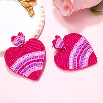 Heart Earrings for Women Hypoallergenic Beaded Statement Dangle Earrings Boho Handmade Red Love Heart Bead Drop Dangling Earrings Valentine’s Day Earrings Jewelry Gift (hot pink heart 1)