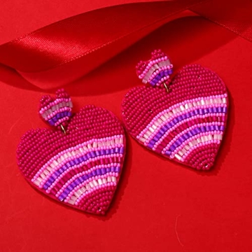 Heart Earrings for Women Hypoallergenic Beaded Statement Dangle Earrings Boho Handmade Red Love Heart Bead Drop Dangling Earrings Valentine’s Day Earrings Jewelry Gift (hot pink heart 1)