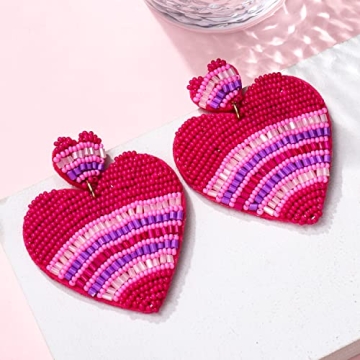 Heart Earrings for Women Hypoallergenic Beaded Statement Dangle Earrings Boho Handmade Red Love Heart Bead Drop Dangling Earrings Valentine’s Day Earrings Jewelry Gift (hot pink heart 1)
