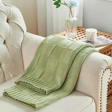 CozeCube Knit Throw, Sage Green Checkered Blanket for Couch & Bed, Soft Cozy Warm Knitted Throw for Living Room, Decorative 50"X60"