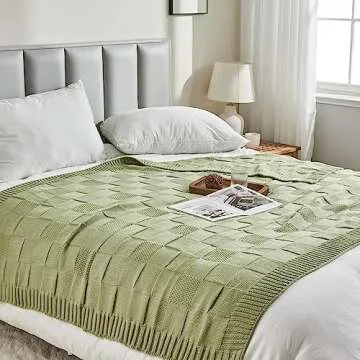 CozeCube Knit Throw, Sage Green Checkered Blanket for Couch & Bed, Soft Cozy Warm Knitted Throw for Living Room, Decorative 50"X60"