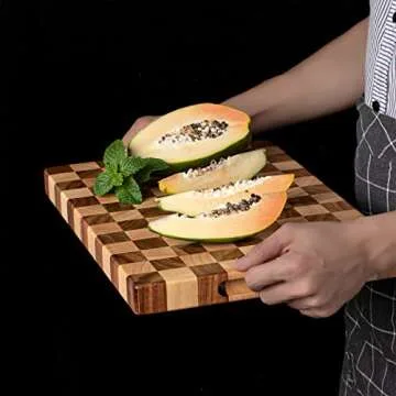 Rectangle End Grain Acacia/Rubber Wood Cutting Board -Reversible, Hand Grips,Thick 15.4X10.6X1.2inches |Cutting Block for Kitchen
