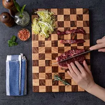 Rectangle End Grain Acacia/Rubber Wood Cutting Board -Reversible, Hand Grips,Thick 15.4X10.6X1.2inches |Cutting Block for Kitchen