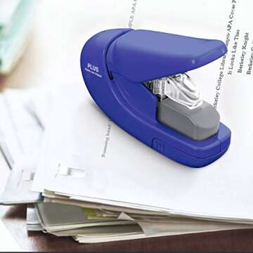 Plus Paper Clinch Compact Navy Blue Heavy Duty, Light, Staple Free Stapler (31252)