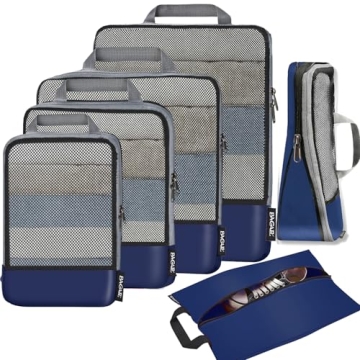 BAGAIL Compression Packing Cubes - Navy HalfMesh 6 Set | Expandable Travel Organizers