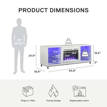 Ameriwood Home Lumina Fireplace TV Stand for TVs up to 70 Inch, Replaceable Electric Fireplace Insert Heater, Remote Control, Timer, Color Changing LED Lights, Crystal Ember Flames, White