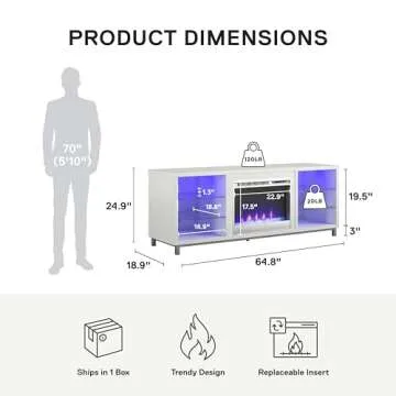 Ameriwood Home Lumina Fireplace TV Stand for TVs up to 70 Inch, Replaceable Electric Fireplace Insert Heater, Remote Control, Timer, Color Changing LED Lights, Crystal Ember Flames, White