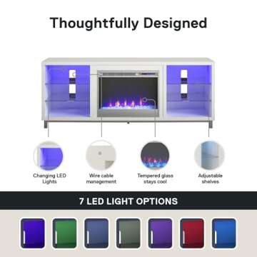 Ameriwood Home Lumina Fireplace TV Stand for TVs up to 70 Inch, Replaceable Electric Fireplace Insert Heater, Remote Control, Timer, Color Changing LED Lights, Crystal Ember Flames, White