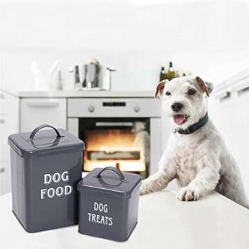 Morezi Dog Food Storage Container Farmhouse Pet Food Treats holder with Lid and Scoop, Perfect Sturdy Canister Tins for Kitchen Countertop, Shelf, Great Gift for Pet Owners - Dog Food - Gray