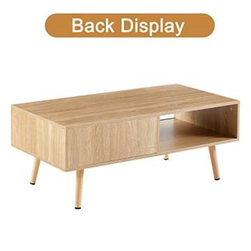 Ganooly Mid Century Modern Coffee Table with Storage, 41.3 Inch Rectangle Wooden Accent Center Tables with Sliding PE Rattan Woven Door Panel and Solid Wood Legs, Suitable for Living Room, Apartment