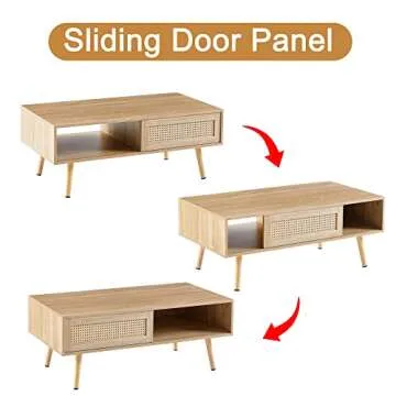 Ganooly Mid Century Modern Coffee Table with Storage, 41.3 Inch Rectangle Wooden Accent Center Tables with Sliding PE Rattan Woven Door Panel and Solid Wood Legs, Suitable for Living Room, Apartment