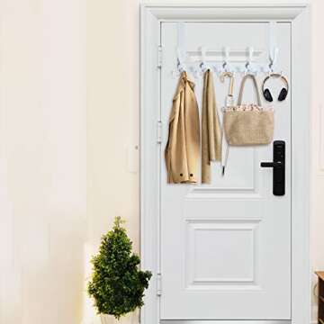 WEBI Over The Door Hook Door Hanger Hook Rack with 5 Tri Hooks for Hanging Coats, Over The Door Towel Rack Towel Hanger Door Coat Hanger Over Door Coat Rack for Bathroom,Behind Back of Door,White