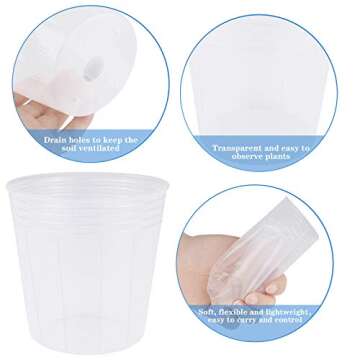 Elcoho 60 Pack 6/5/4/3 Inch Plant Nursery Pots Transparent Plastic Gardening Pot Soft Seed Starting Pot Flower Plant Container with Drainage Hole for Seedling Succulent Vegetable Flowers