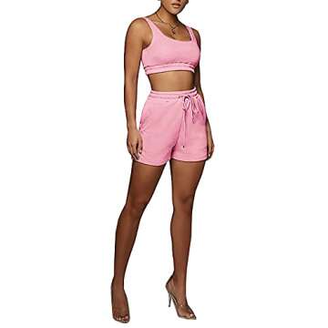 Dgebou Summer Two Piece Outfits for Women Casual Sleeveless Crop Tops and Loose Shorts 2 Piece Set Casual Cute Birthday Club Beach Vacation Workout Outfits Lounge Set (Pink, XXL)