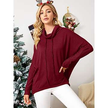 ZANZEA Women's Long Sleeve Pullover Sweaters Cowl Neck Loose Casual Blouse Oversized Baggy Tunic Tops Wine Red X-Large