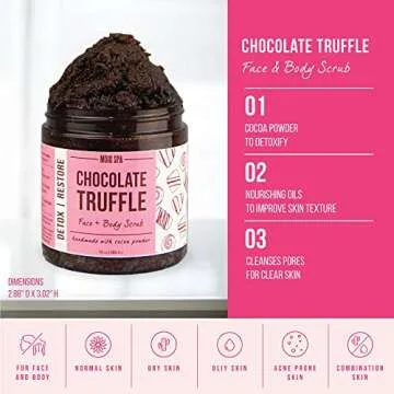 Mojo Spa Chocolate Truffle Face and Body Scrub | Cocoa, Vanilla Scent | Detoxifying Sugar Based Exfoliator | 10 oz