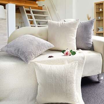 MEKAJUS Set of 4 Decorative Throw Pillow Covers - Soft Striped Corduroy Pillow Cases Solid Square Home Deco Cushion Cover for Living Room Couch Sofa Bedroom (16x16 Inch, Neutral)