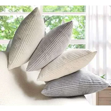 MEKAJUS Set of 4 Decorative Throw Pillow Covers - Soft Striped Corduroy Pillow Cases Solid Square Home Deco Cushion Cover for Living Room Couch Sofa Bedroom (16x16 Inch, Neutral)