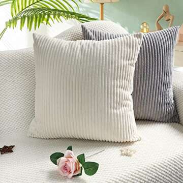 MEKAJUS Set of 4 Decorative Throw Pillow Covers - Soft Striped Corduroy Pillow Cases Solid Square Home Deco Cushion Cover for Living Room Couch Sofa Bedroom (16x16 Inch, Neutral)