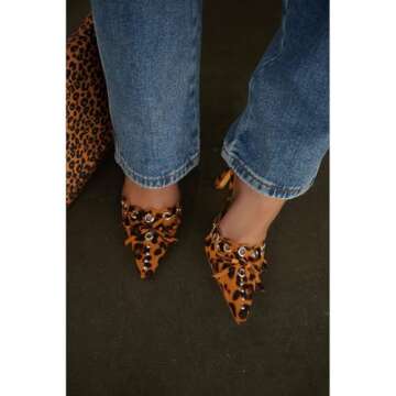 DOEYG Leopard Kitten Heels for Women Pointed Toe Heel Dressy Bow Heels Vintage Heeled Mules Sexy Poi...