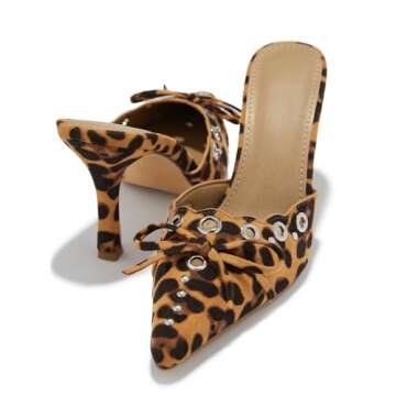 DOEYG Leopard Kitten Heels for Women Pointed Toe Heel Dressy Bow Heels Vintage Heeled Mules Sexy Pointy Studded Heels Slip on Stiletto Heels Pumps
